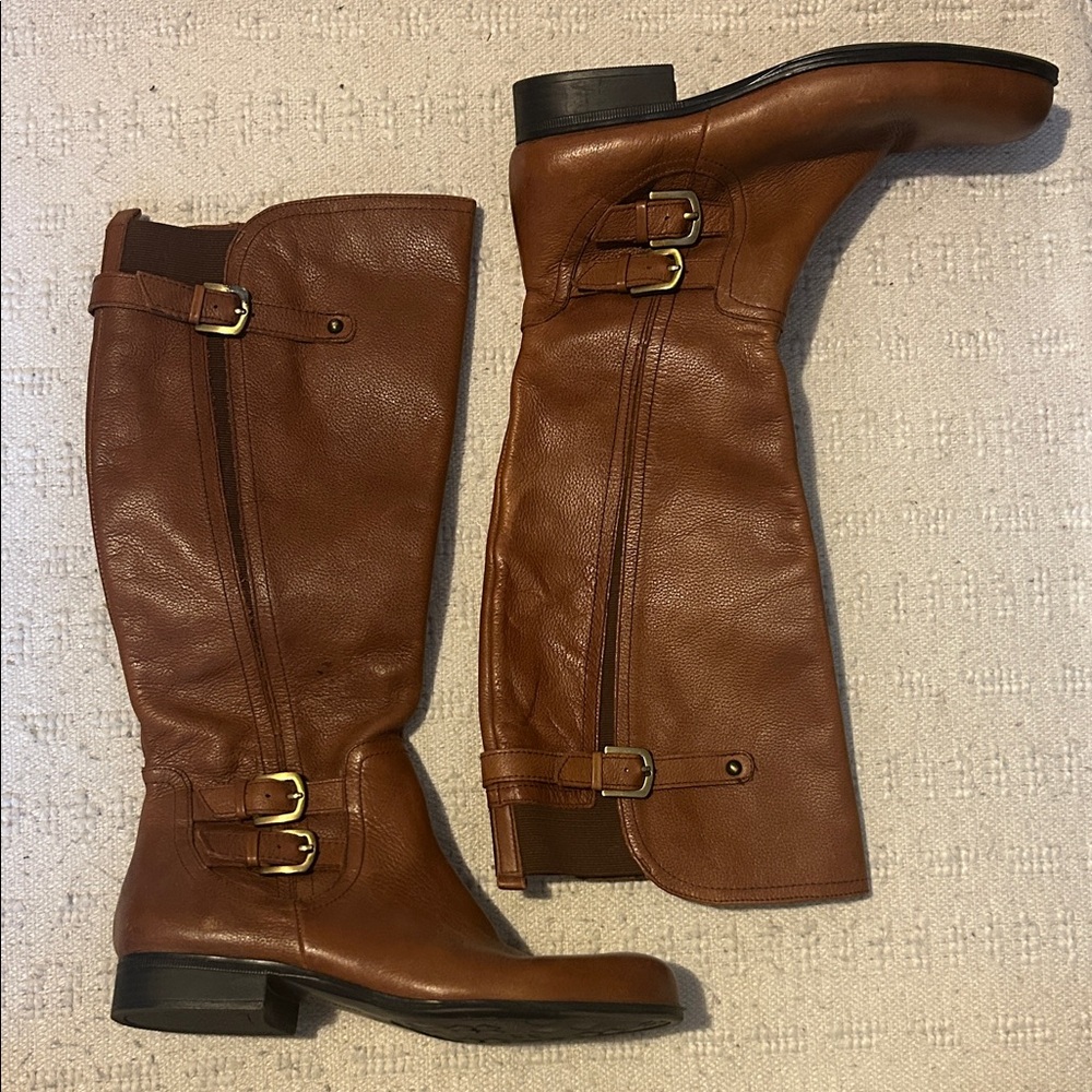 Brown Leather Knee-High Boots with Buckles